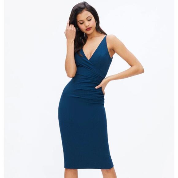 Dress the Population Dresses & Skirts - Dress The Population Anita Midi Dress V-Neck Ruched Crepe Sheath, Peacock Blue